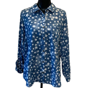Ashley Stewart Star Print Denim Long Sleeve Button Down Patriotic Cotton Shirt